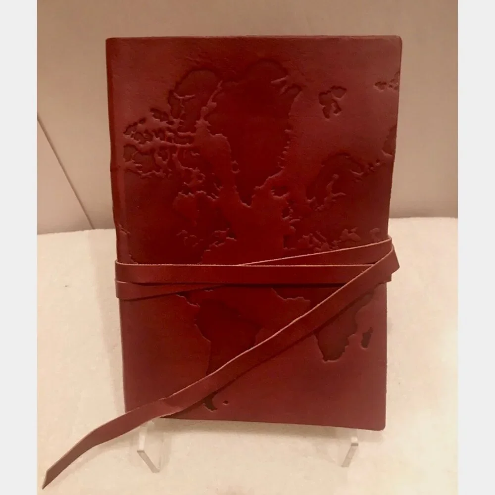 Manufactus World Map Journal Burgundy Leather Wrap Made in Italy